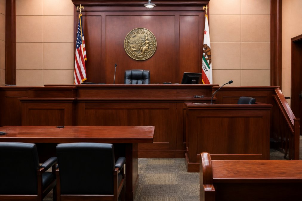 Interior of a California courtroom with judge's bench, witness stand, and formal legal setting where DUI refusal cases are heard, showing wooden furnishings and official seal