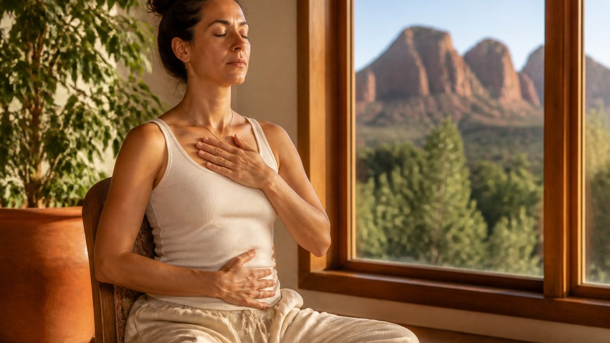 A person practicing diaphragmatic breathwork for stress with one hand on their chest and belly in a sunlit room
