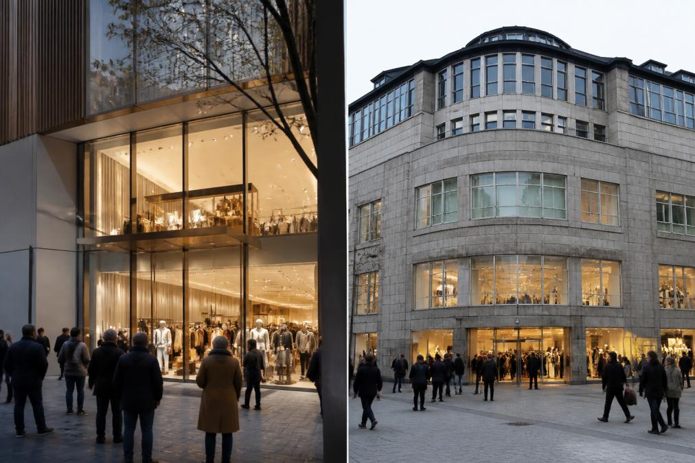 Elegante Schaufensterfront eines großen Modehauses mit Passanten, die interessiert hineinschauen, helle Innenbeleuchtung, zeitgemäße Architektur