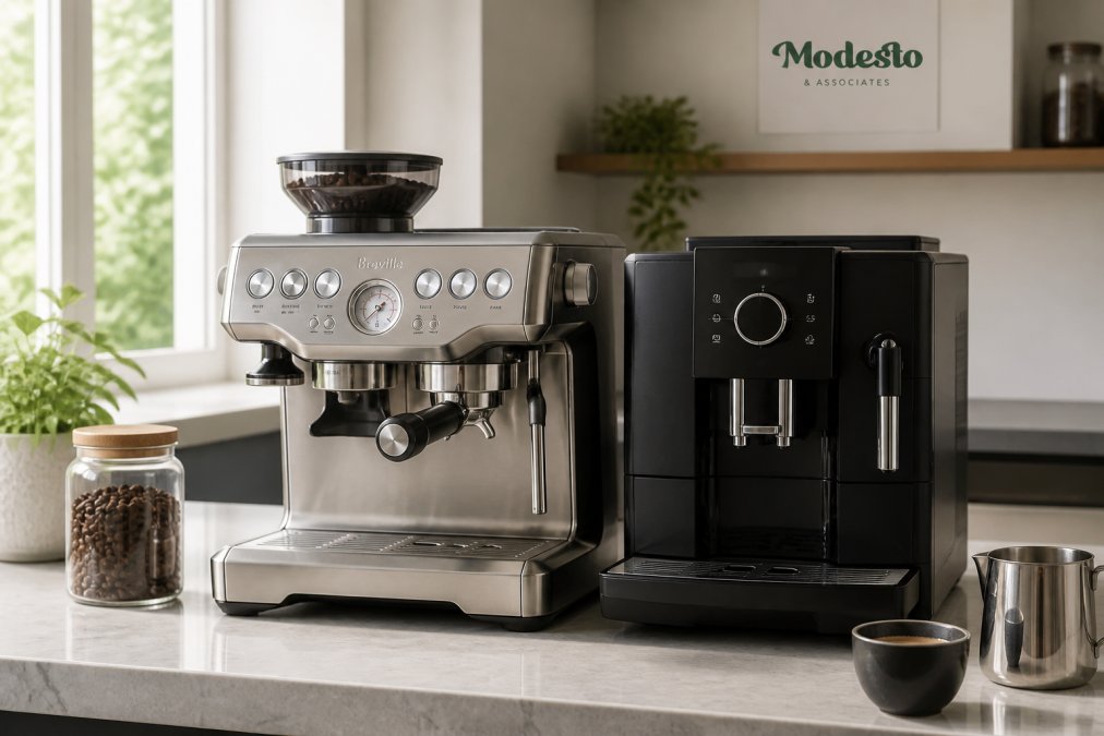 A modern kitchen counter with two premium espresso machines side by side, one with a touchscreen and one with manual controls, natural morning light
