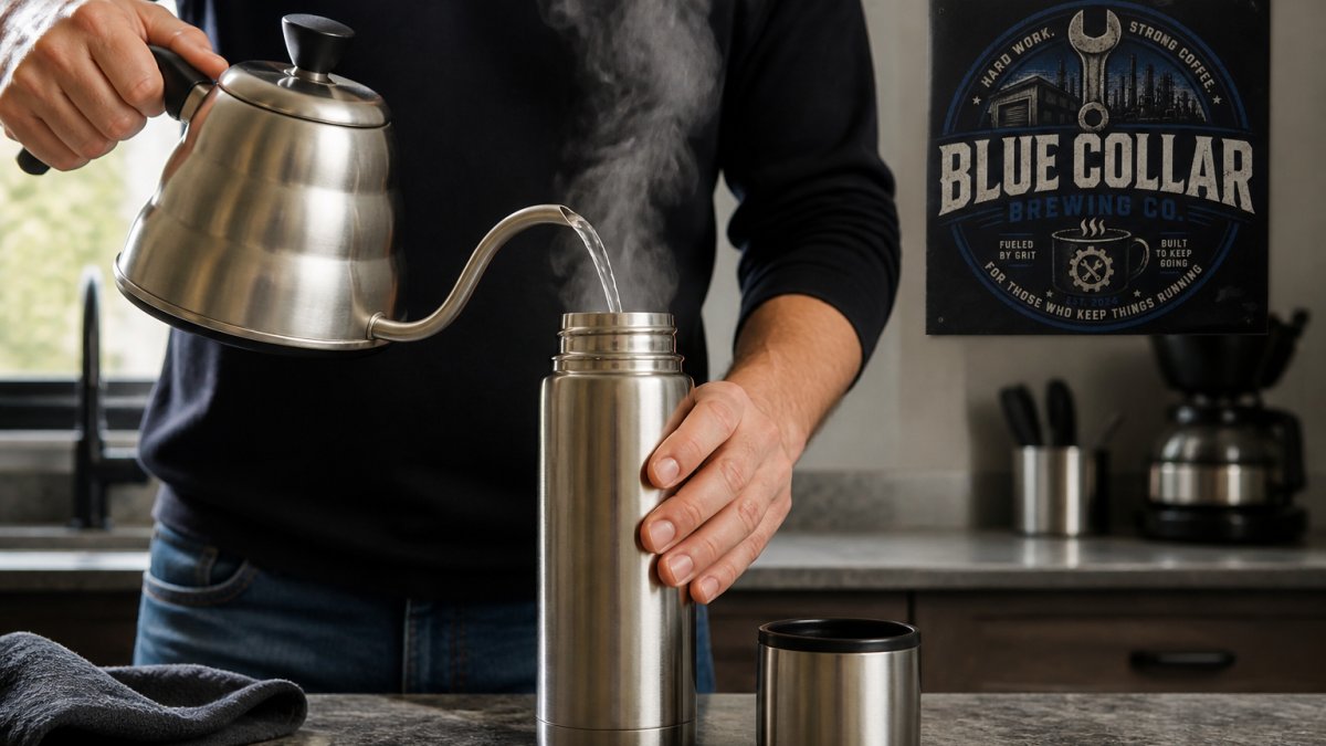 Close-up of hands pouring steaming hot water into an open stainless steel vacuum-insulated thermos on a kitchen counter, with visible steam rising from the flask opening