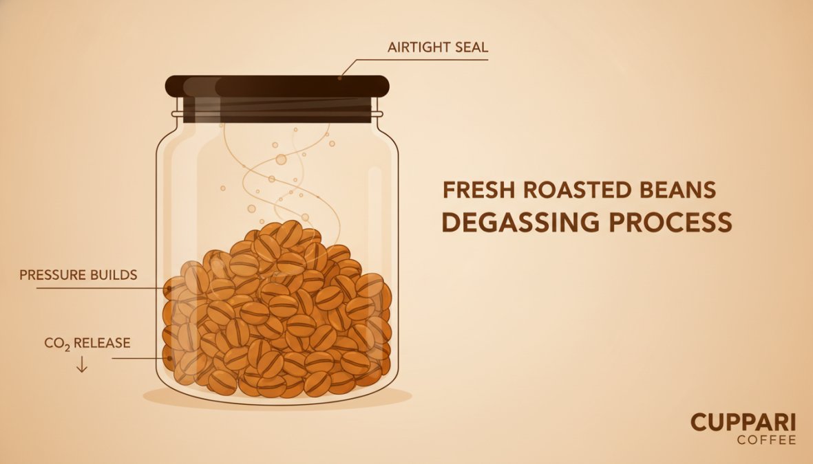 Close-up of freshly roasted coffee beans in a clear glass container showing visible surface texture, rich brown color, and steam rising from the beans against natural window light