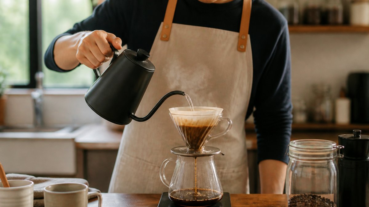 Gooseneck kettle pouring hot water over light roast coffee grounds in a dripper on a wooden kitchen scale