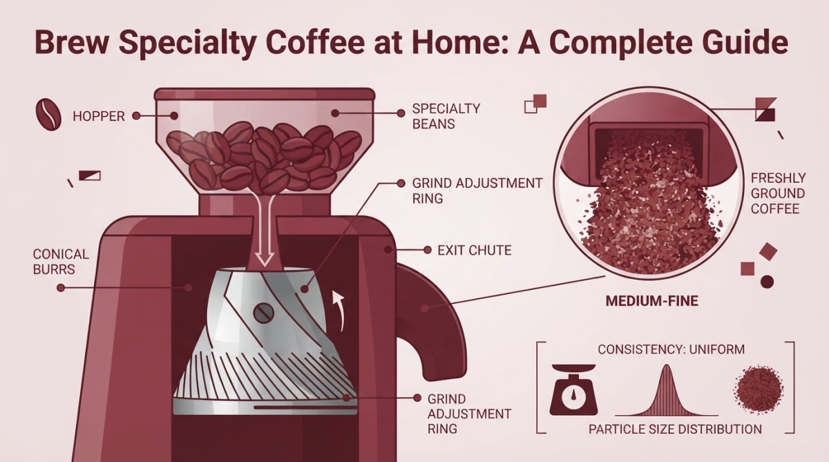 Close-up of freshly ground specialty coffee beans falling from a burr grinder into a collection chamber, showing consistent medium-fine particle size and light brown color