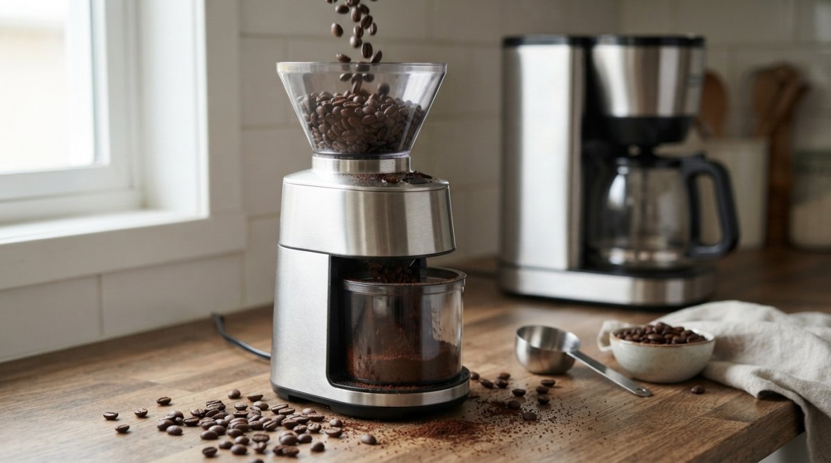 Close-up of specialty coffee beans being ground in a burr grinder, with whole beans scattered on the counter and a drip coffee maker visible in soft focus background