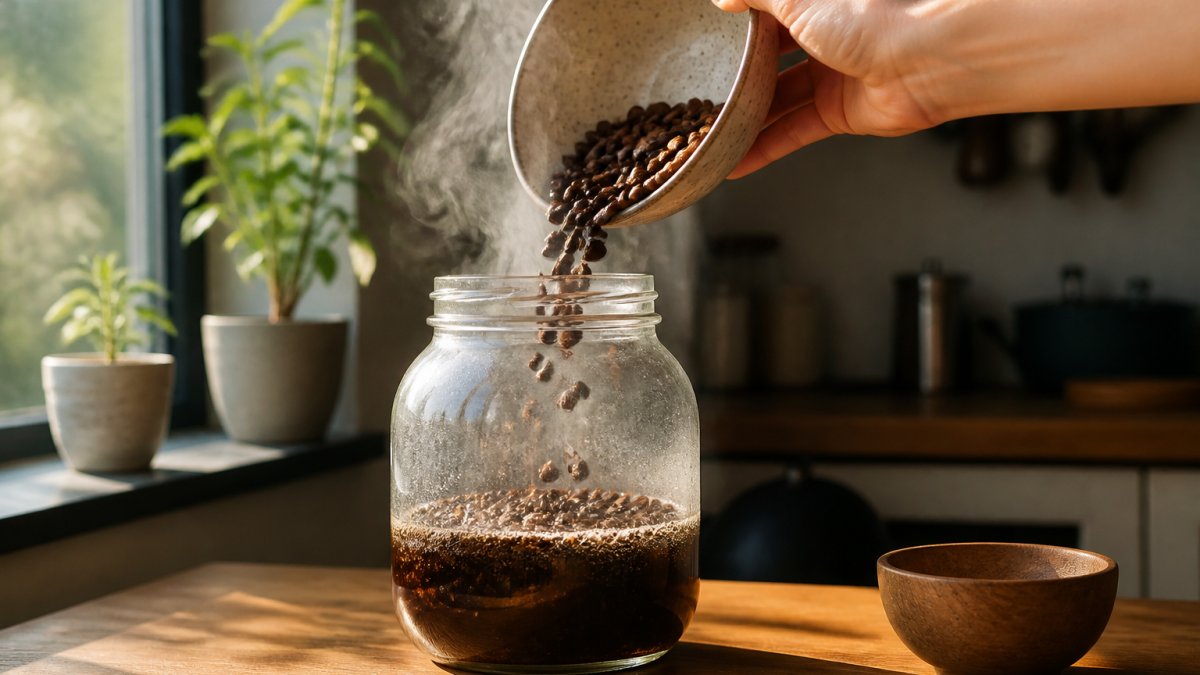 Close-up of whole specialty coffee beans being poured into a clear glass jar with hot water, steam rising, sunlight coming through a kitchen window