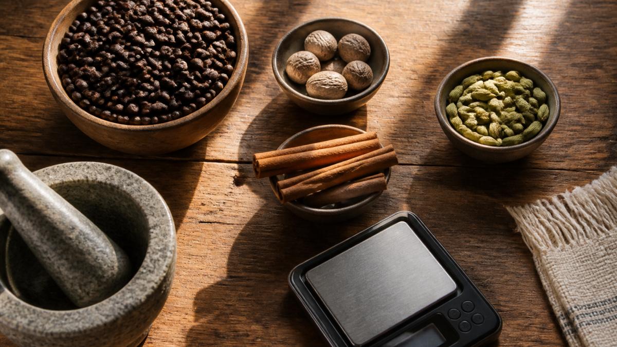 Whole coffee beans, cinnamon sticks, and spices arranged on a wooden surface in morning sunlight.