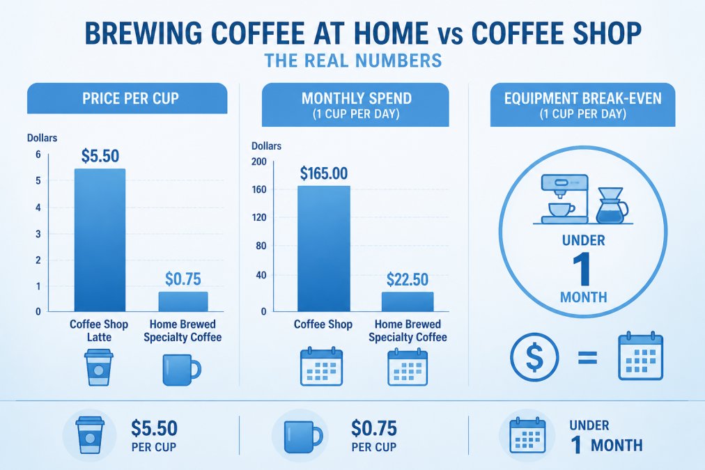 Bar chart comparing price per cup: coffee shop latte $5.50, home brewed specialty coffee $0.75, plus monthly spend at one cup per day of $165 versus $22.50, and equipment break-even under one month
