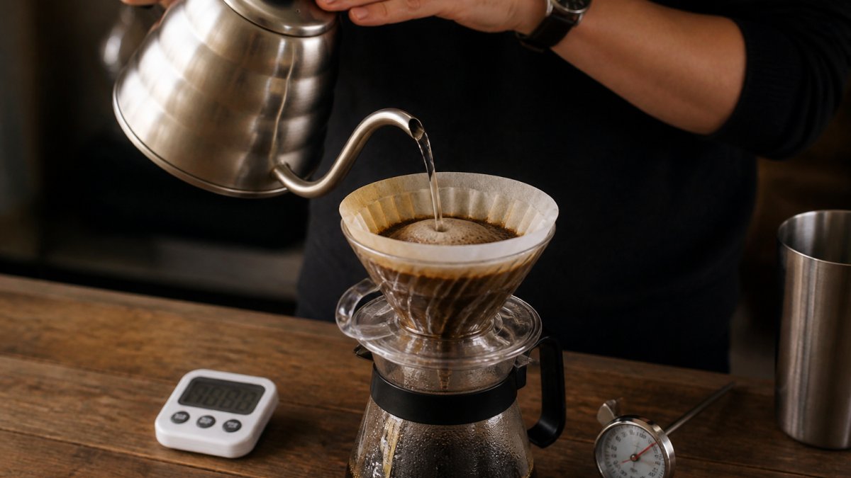 Hands pouring hot water from a kettle into a coffee filter with a thermometer and timer on a wooden counter
