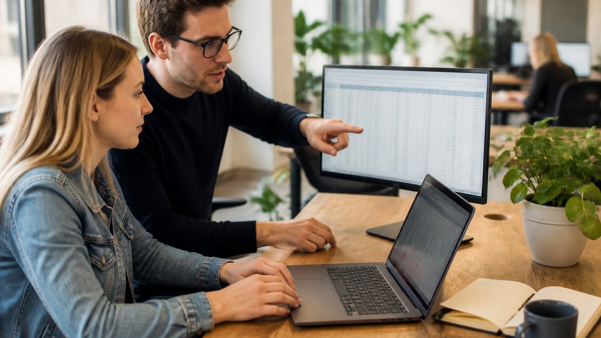 A finance team in a bright European office reviewing bank statements and expense dashboards on a laptop, with a colleague pointing at a spreadsheet on a second screen