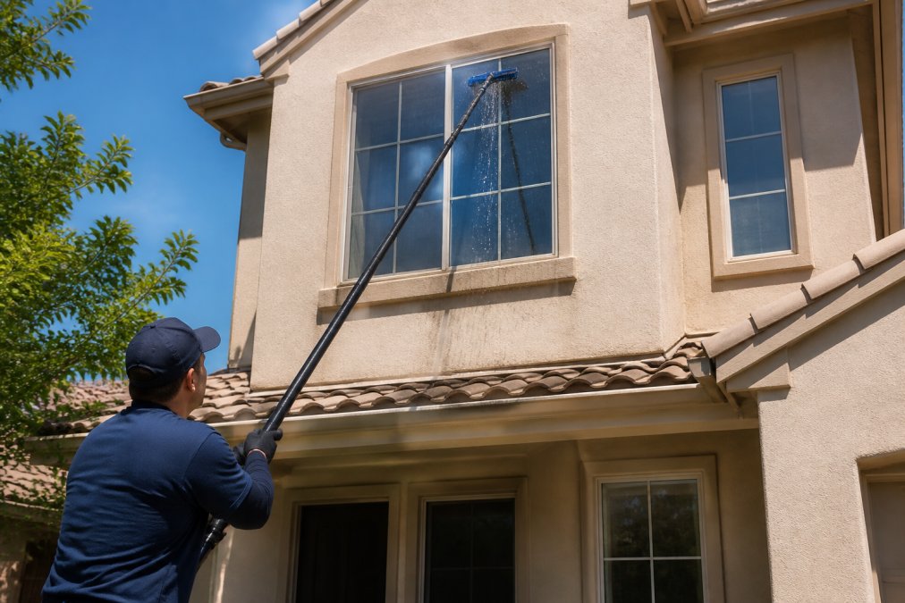Professional window cleaner using water-fed pole system on residential two-story home with clear water spray and pristine glass visible, natural daylight