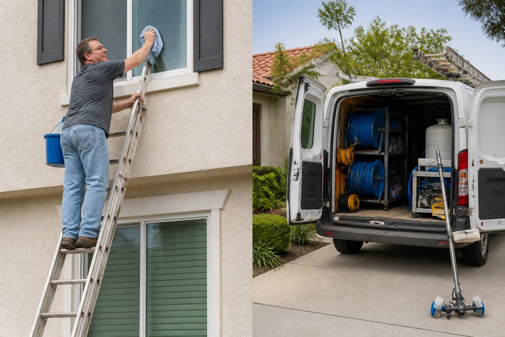 Homeowner attempting to clean high second-story windows from a ladder, looking uncomfortable and unsafe, with professional equipment visible in background