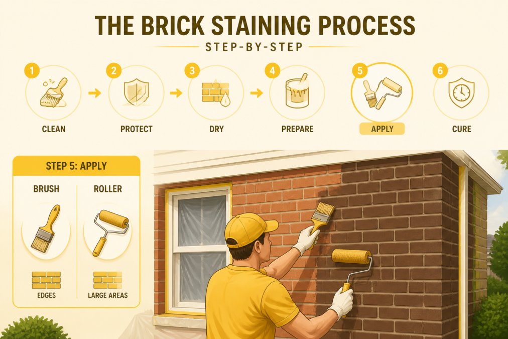 Professional painter applying brick stain to exterior residential wall using brush and roller technique, showing proper masonry staining application on a red brick home facade