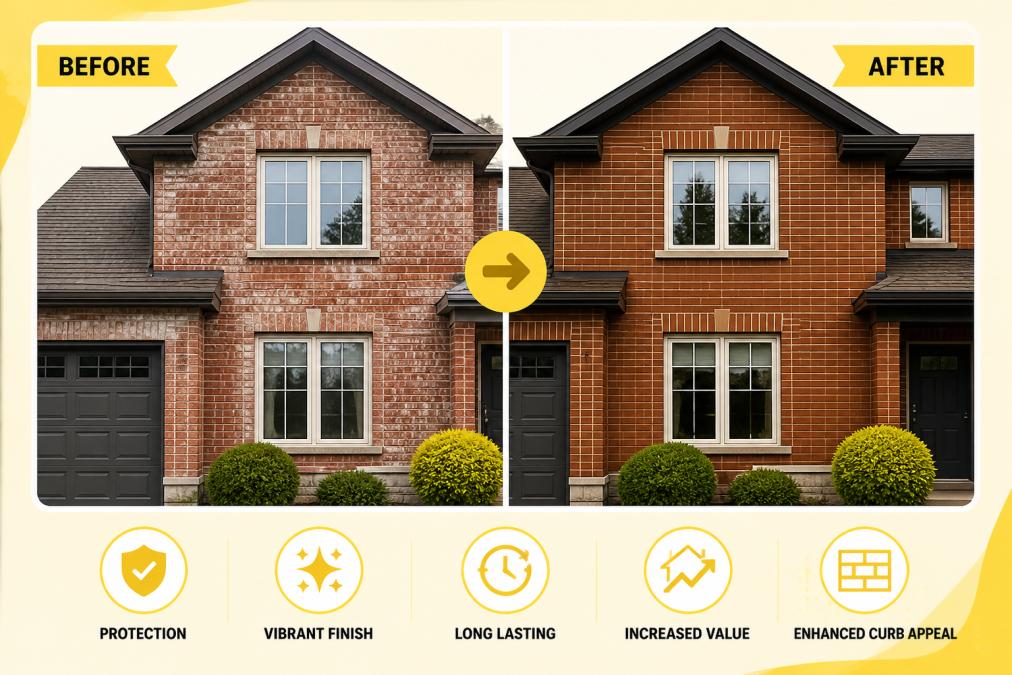 Before-and-after comparison of brick facade transformation: weathered, faded red brick restored to rich, vibrant stained finish on a Soca Services Toronto residential home exterior