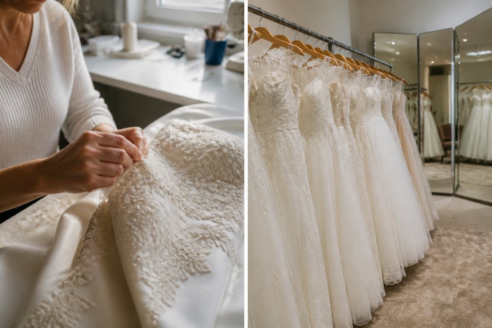 Close-up of a seamstress's hands holding a needle and thread, carefully stitching delicate French lace appliqué and hand-sewn beading onto ivory silk fabric of a bridal bodice, with natural daylight streaming across the work surface