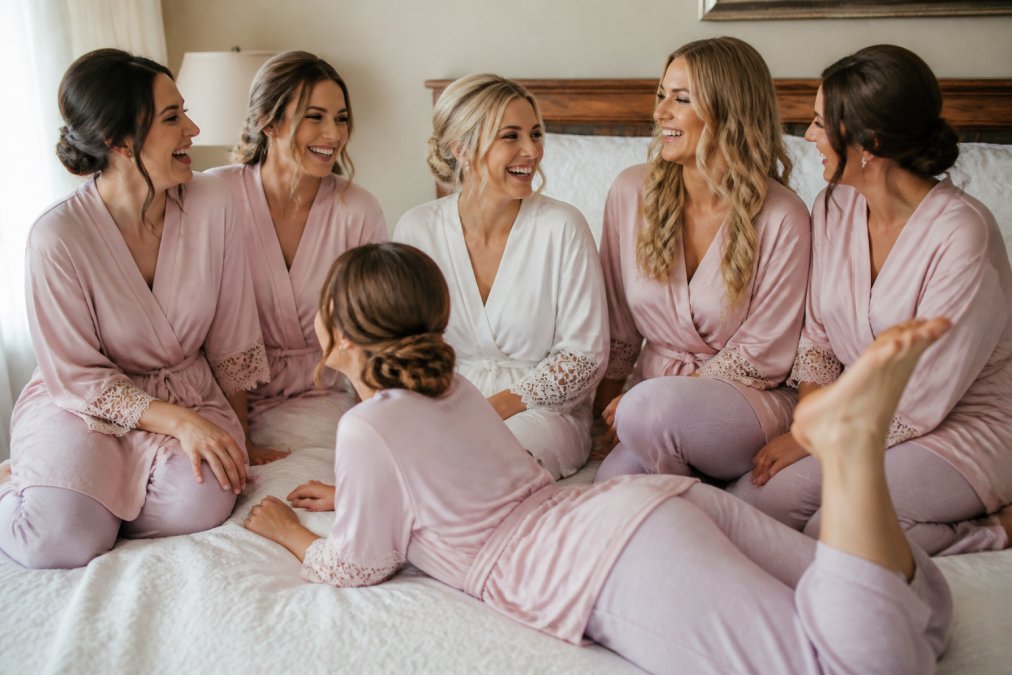 A group of bridesmaids in matching custom robes and comfortable loungewear, laughing and preparing together on wedding morning in a bright, naturally lit bedroom setting