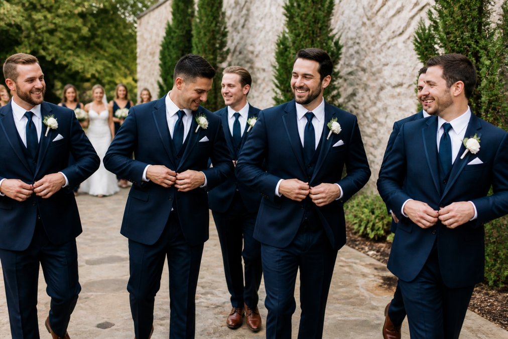 Groomsmen in navy suits laughing together during bridal party coordination at an outdoor wedding venue