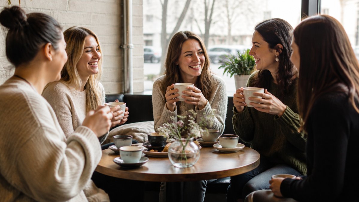 Small group of women gathered around a table at a cozy coffee shop, holding cups and smiling, with soft natural light streaming through windows and a warm, intimate atmosphere
