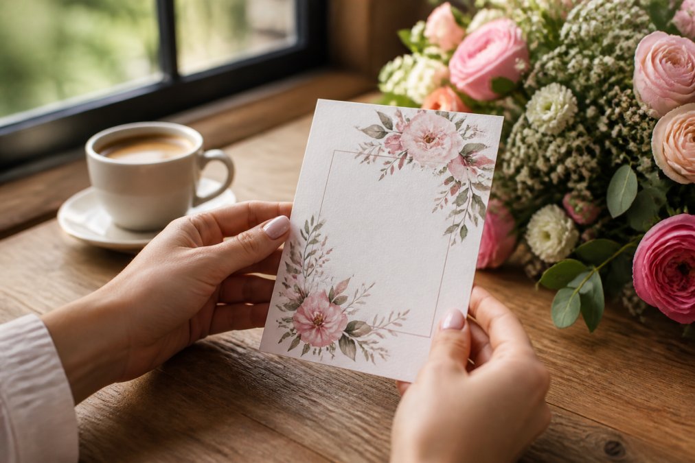A close-up of hands holding a beautifully printed bridal shower invitation card over a wooden table with a coffee cup and fresh flowers nearby, soft natural light from a window