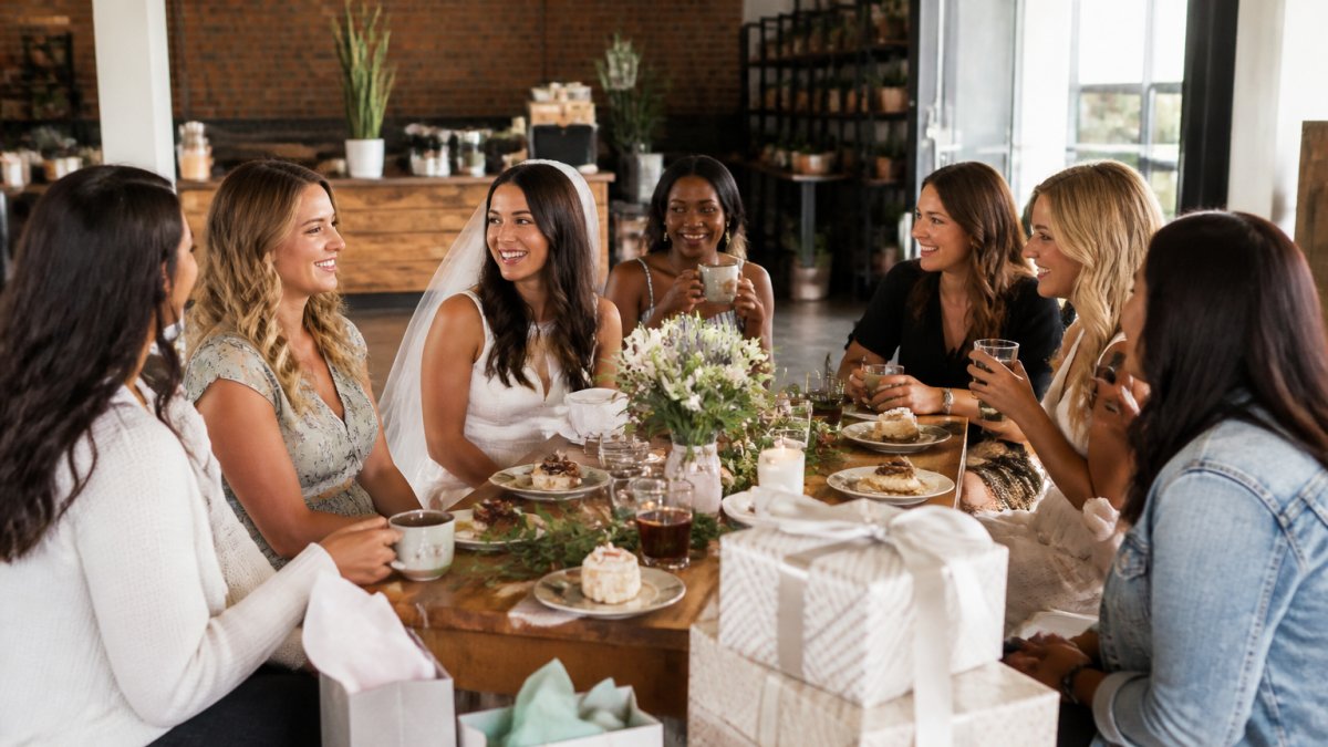 Bride and guests seated around a decorated table enjoying food and drinks, with wrapped gifts nearby and warm, celebratory lighting creating an intimate bridal shower atmosphere