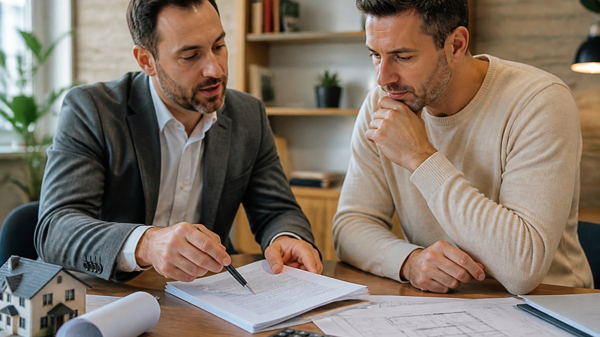 A real estate investor and a lender reviewing a loan application and property documents at a desk, calculator and blueprints nearby, warm office lighting