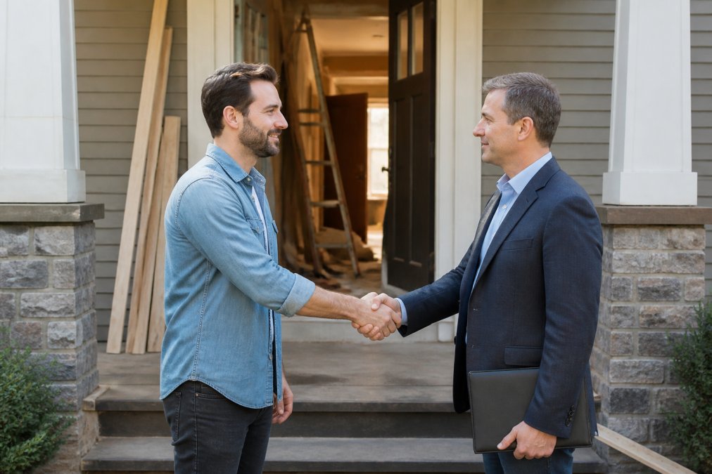 A real estate investor shaking hands with a private lender on the front steps of a fix-and-flip house, with renovation materials and a ladder visible through the open door behind them