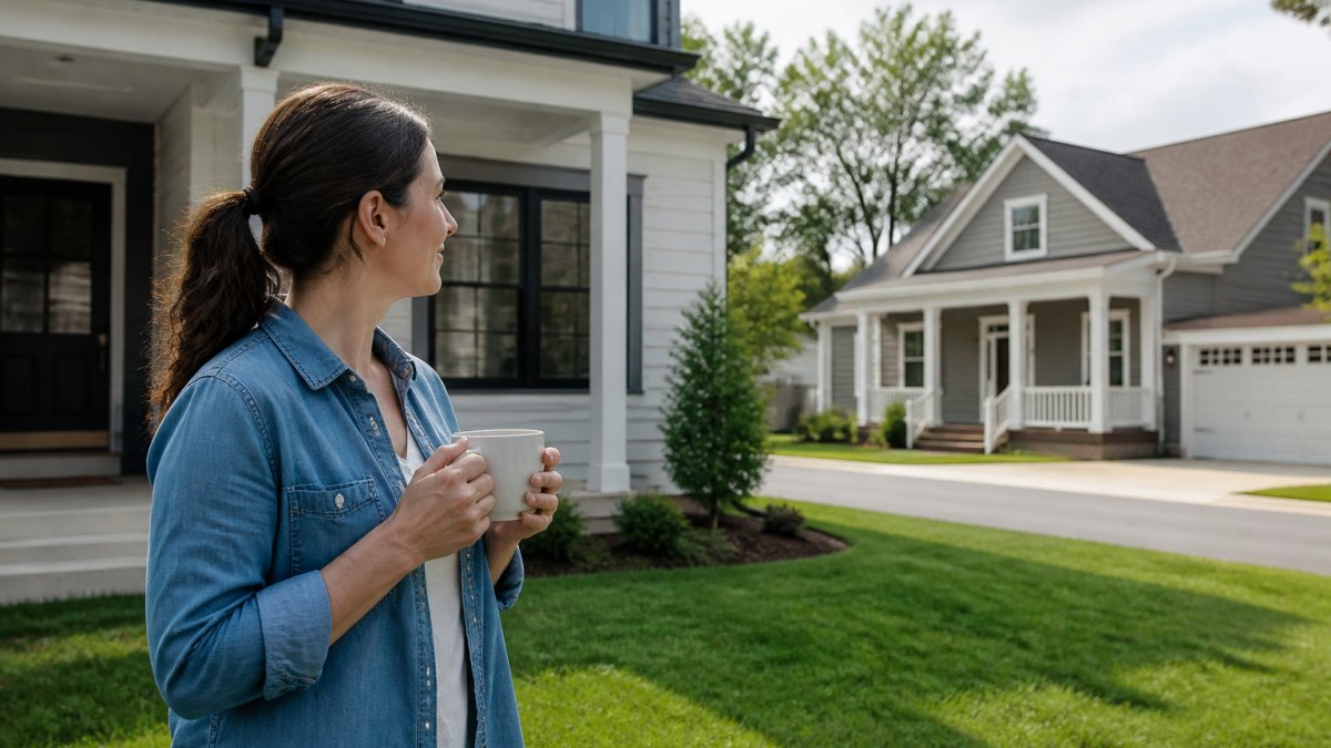 A couple standing in front of their new home while their previous home is visible in the background, representing the period of dual ownership with natural afternoon lighting