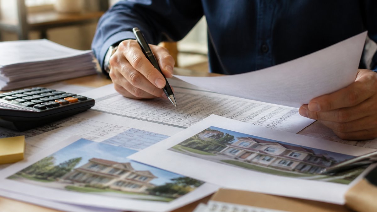 Real estate investor reviewing property documents, financial spreadsheets, and multiple property listings on a desk with calculator and pen, natural office lighting