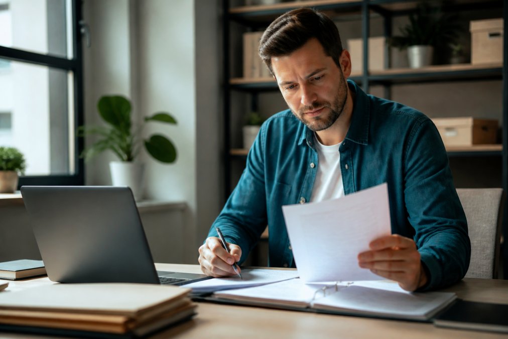 Real estate investor reviewing loan documents and financial paperwork at a desk with a laptop and organized file folders, natural office lighting filtering through windows