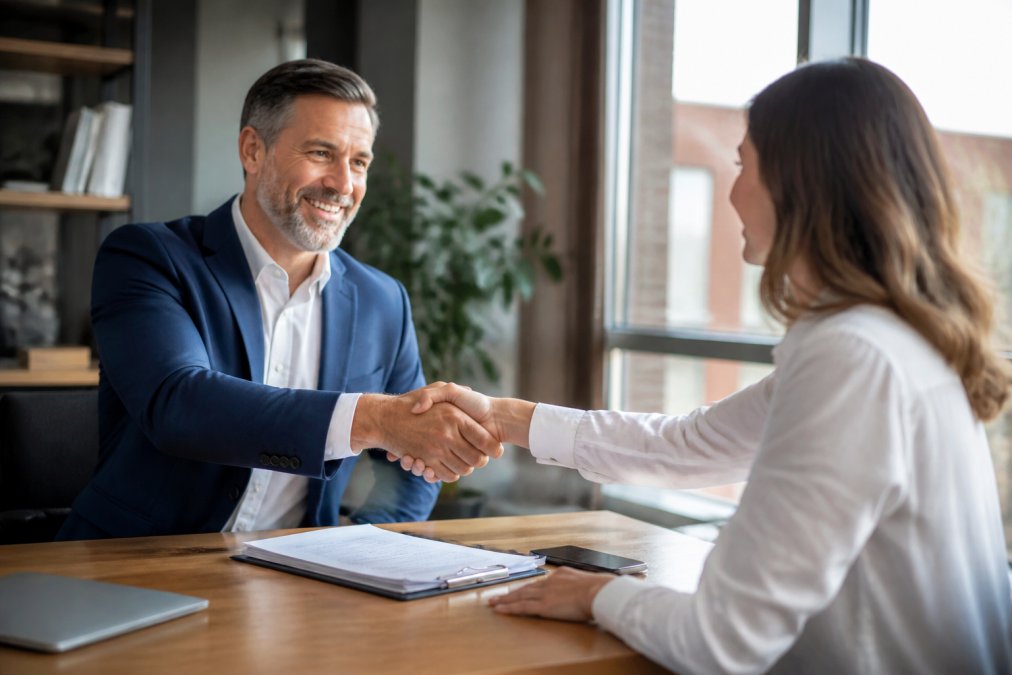 Professional lender and borrower shaking hands in a modern office during loan approval, with closing documents visible on the desk and natural lighting from windows