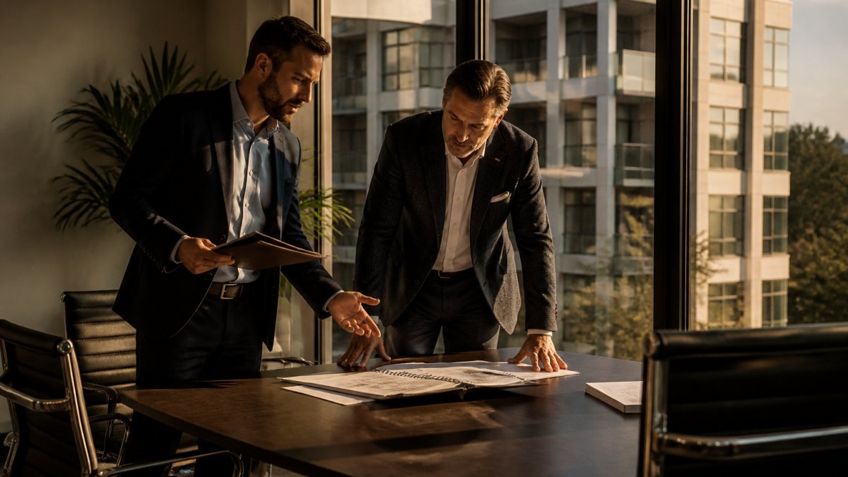 A commercial real estate investor and a lender reviewing a refinancing timeline and property financials at a conference table in a modern office, with a multifamily building visible through the window