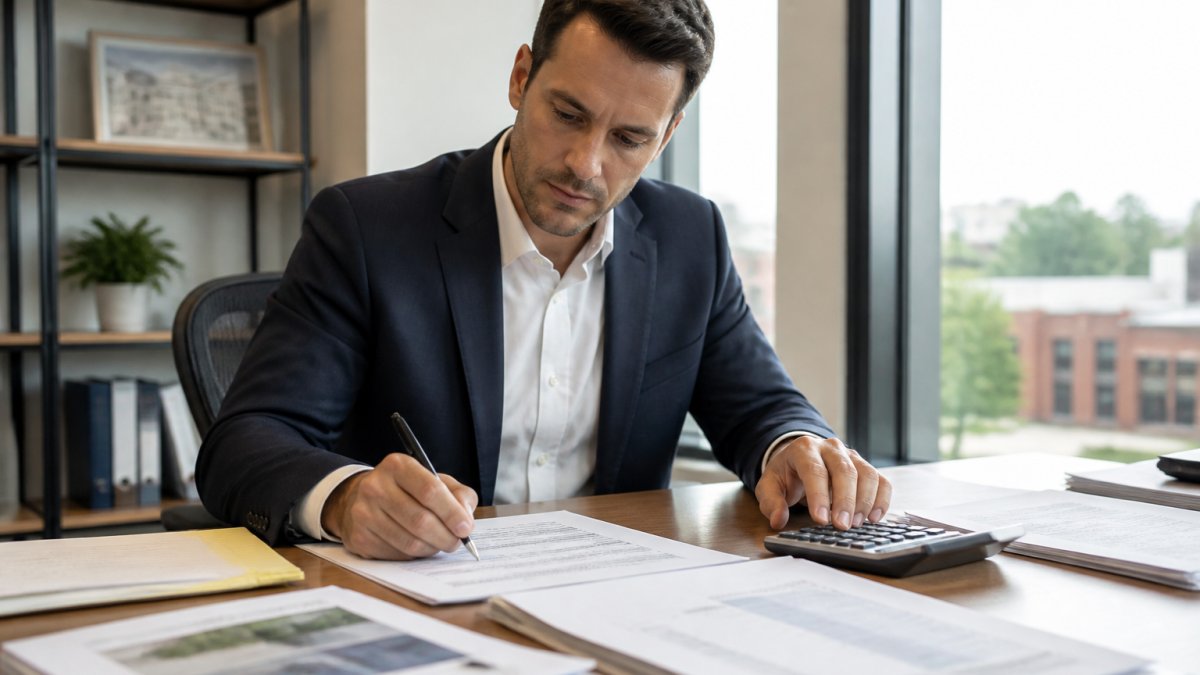 Professional real estate investor sitting at desk with loan documents, calculator, and comparison spreadsheet, natural office lighting, making notes