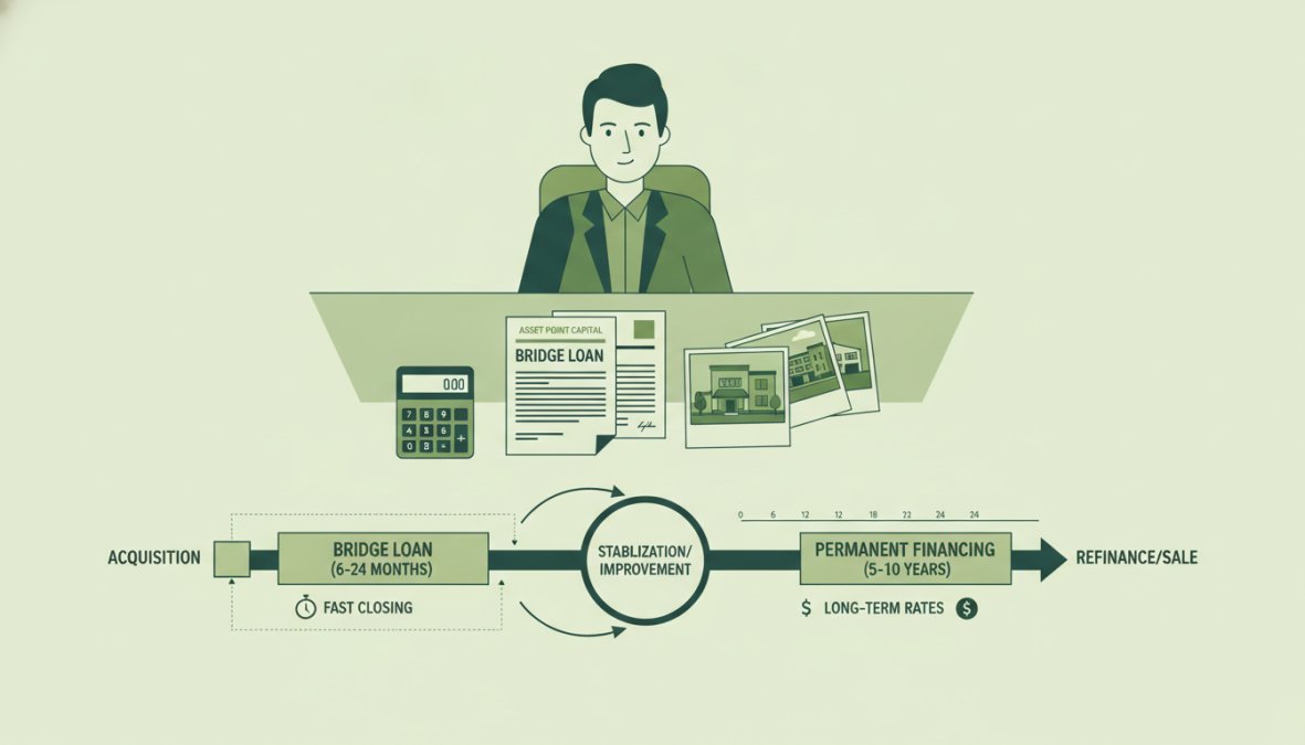 Professional illustration showing Real for bridge loan vs permanent financing