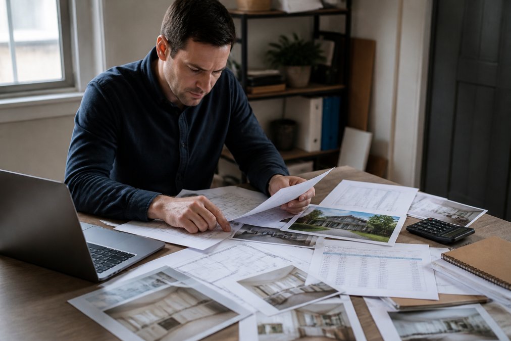 Real estate investor reviewing property documents, renovation blueprints, and financial analysis on desk with laptop and scattered papers showing property photos and cost estimates