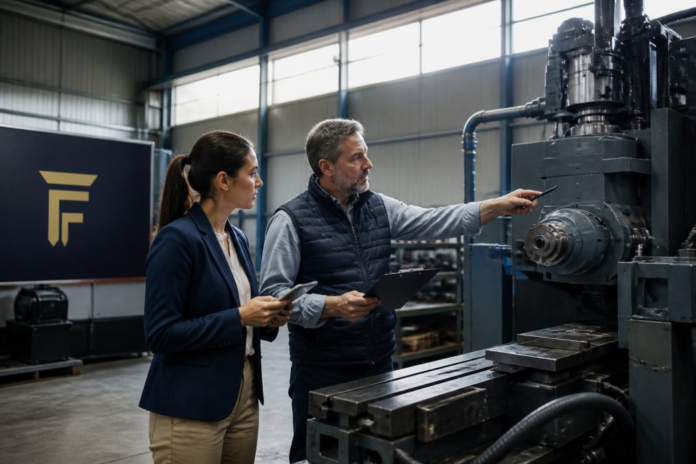 A finance manager and equipment appraiser in a warehouse inspecting a large industrial machine, clipboard and tablet in hand, natural daylight through high windows