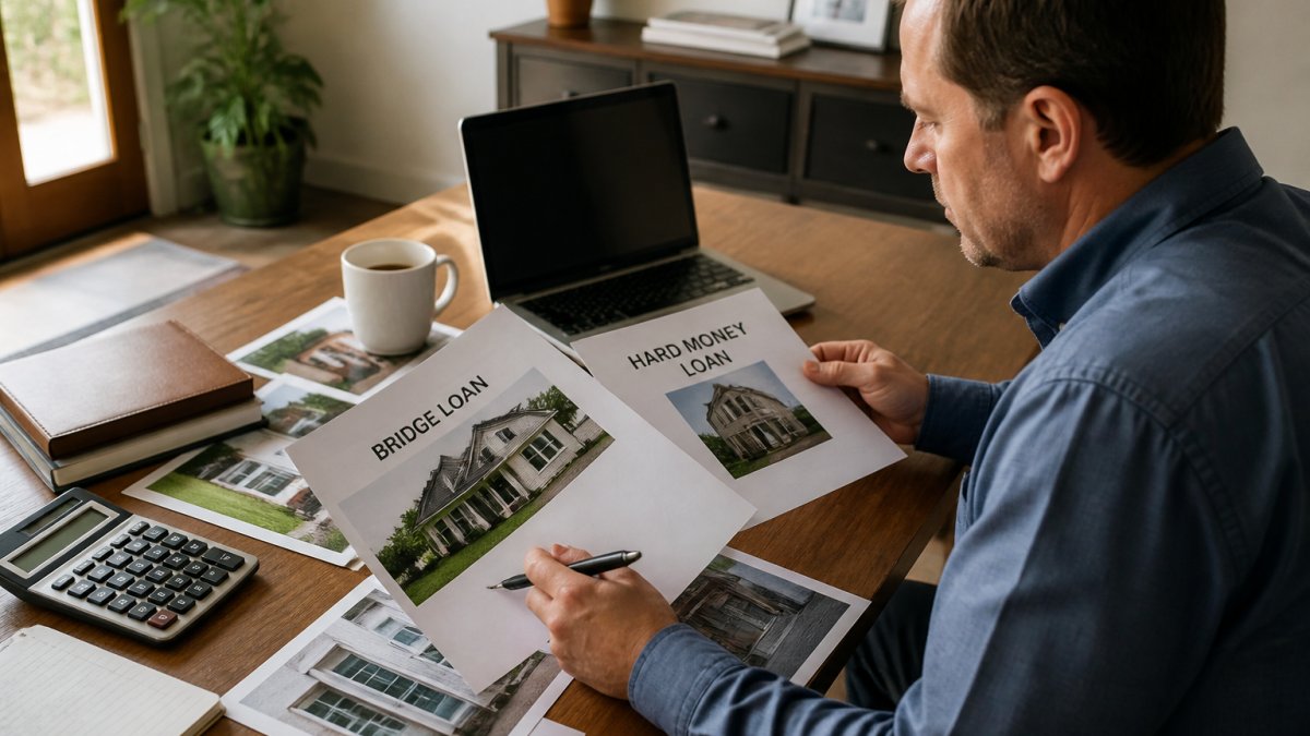 Real estate investor reviewing loan documents and comparing options at a desk with a laptop, calculator, property photos, and loan comparison papers in natural office lighting