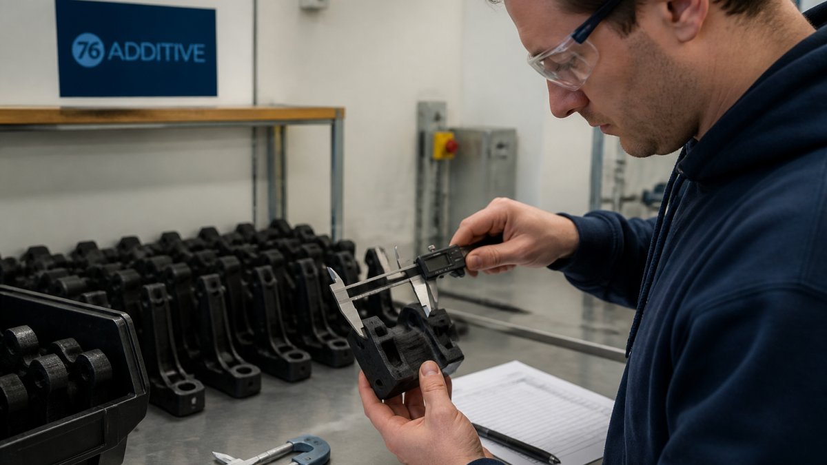 Close-up of an engineer in a workshop inspecting a finished black nylon automotive bracket with digital callipers, printed parts stacked on a bench behind
