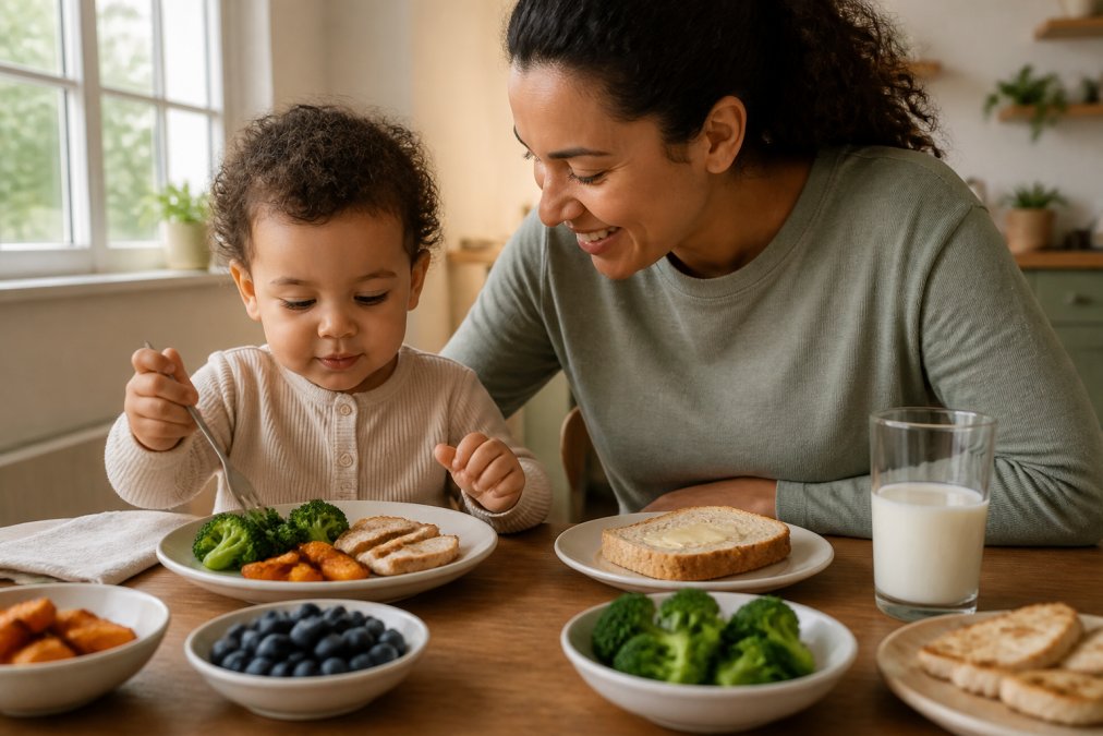 Parent and toddler seated together at a dining table with a colourful spread of nutrient-dense foods including grilled chicken strips, roasted sweet potato wedges, steamed broccoli florets, fresh blueberries, and wholemeal toast with butter, warm natural light streaming through a window