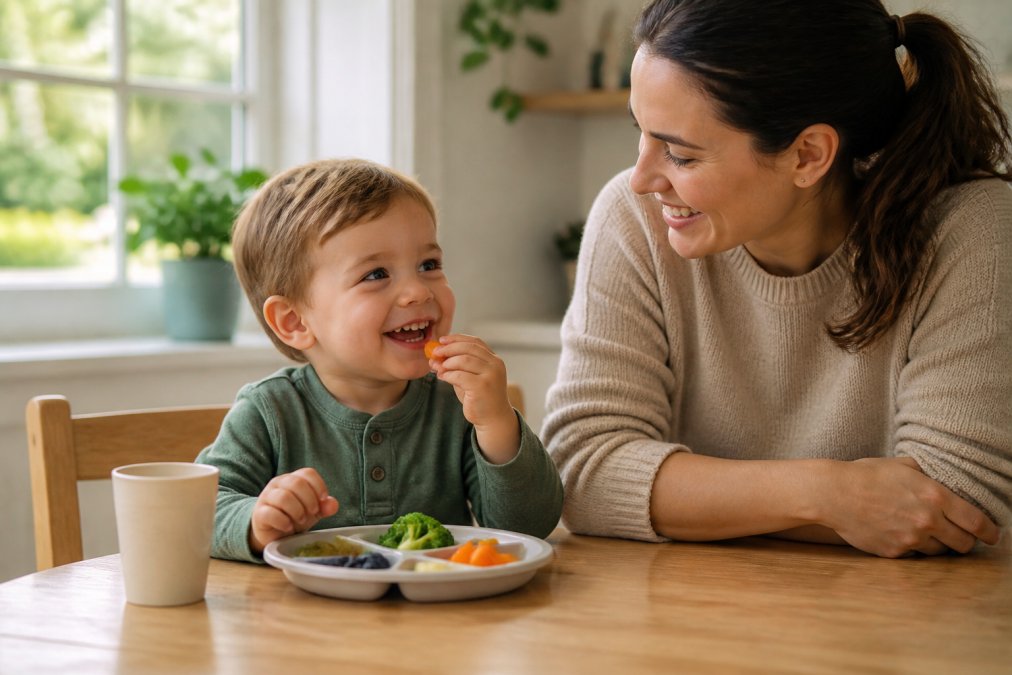 Calm family mealtime scene showing a toddler happily seated at a low table with simple, colourful foods on a divided plate, parent nearby smiling warmly, natural afternoon light through a window creating a relaxed, stress-free atmosphere