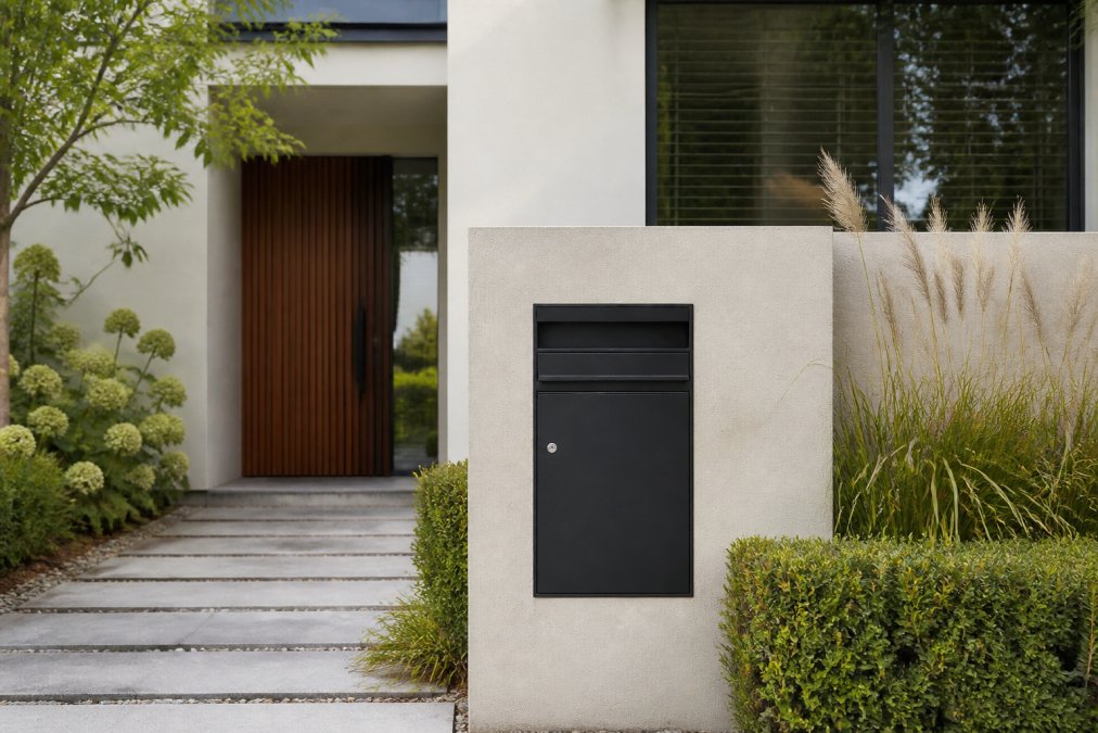 Voorkant van een moderne woning met een stijlvolle designbrievenbus geïntegreerd in de gevel, omgeven door tuinlandschap en architectonische details zichtbaar