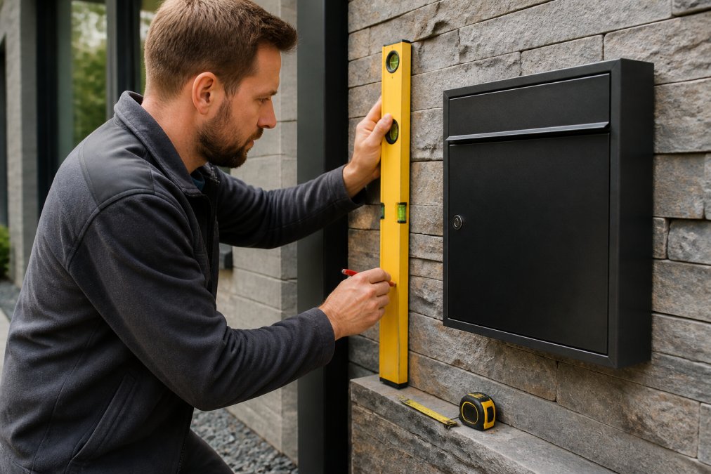 Professioneel die een waterpas tegen een natuurstenen muur houdt terwijl een brievenbus ernaast wordt geplaatst, met meetlint en potlood zichtbaar in het daglicht