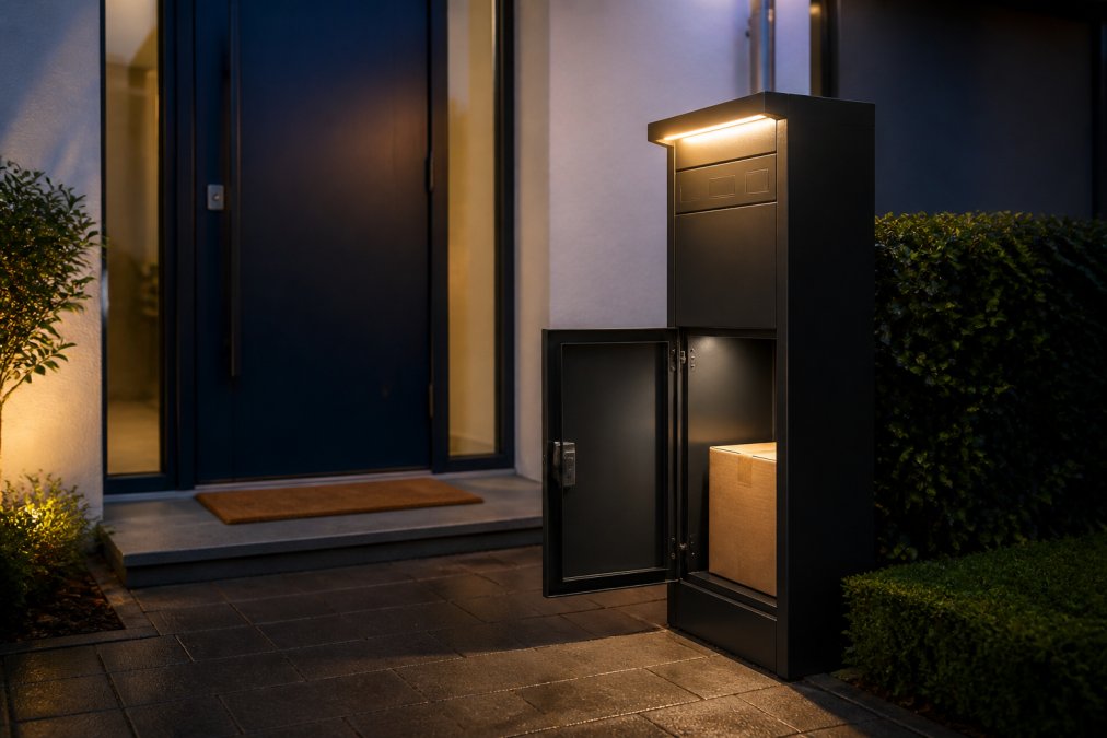 Elegante brievenbus met ingebouwde LED-verlichting die een donkere voordeur subtiel verlicht, waarop een pakket duidelijk zichtbaar is in avondlicht