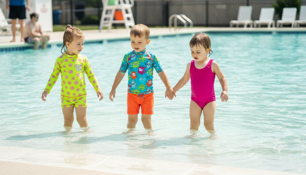 Children wearing bright neon orange and yellow-green swimsuits playing together in a clear pool, clearly visible from above the water surface
