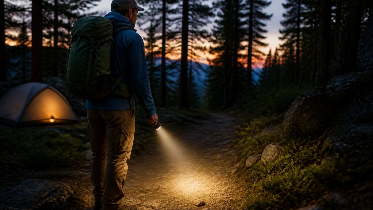 A hiker at dusk on a forest trail holding a compact rechargeable flashlight, warm beam lighting the path ahead, tent and trees in soft background