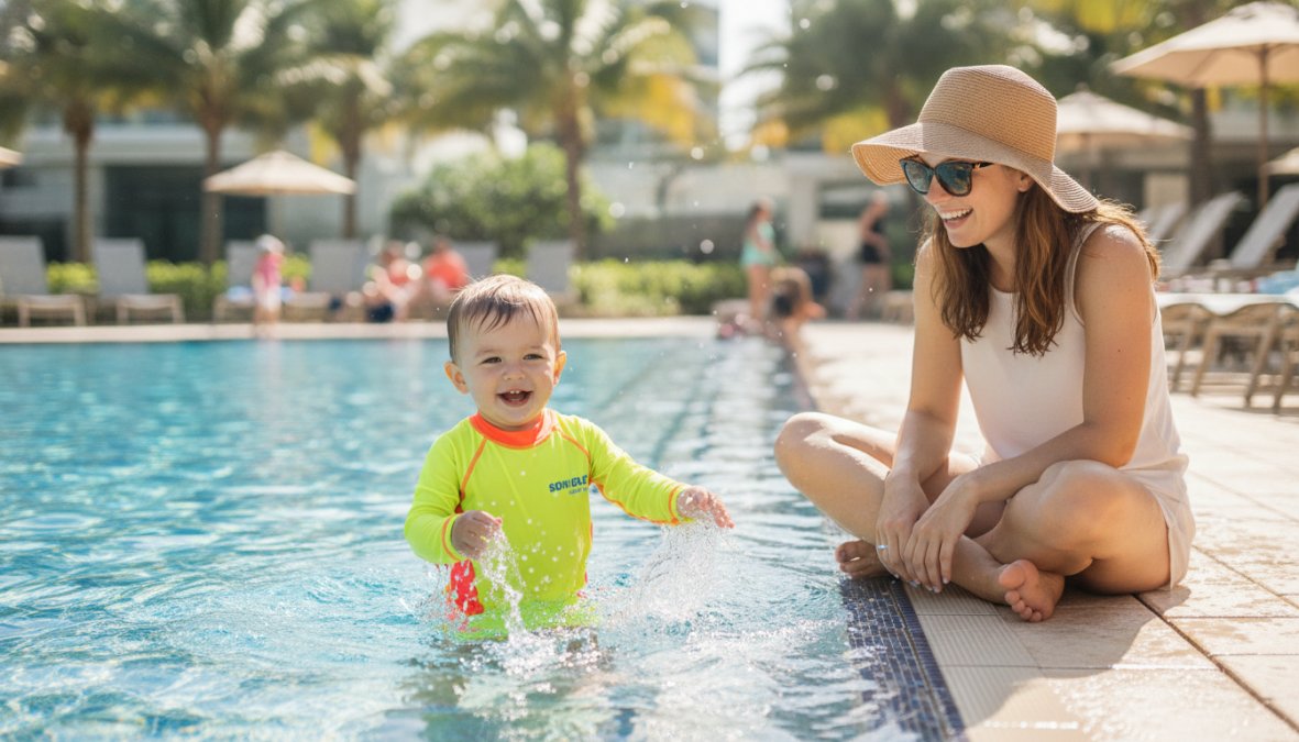 Professional illustration showing toddler and wearing and bright concepts for bright rash guards for toddlers