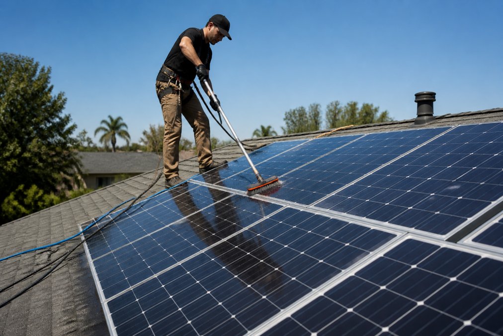 Technician on residential rooftop cleaning solar panels with specialized soft-bristle equipment and careful technique, maintaining proper spacing between panels with natural daylight