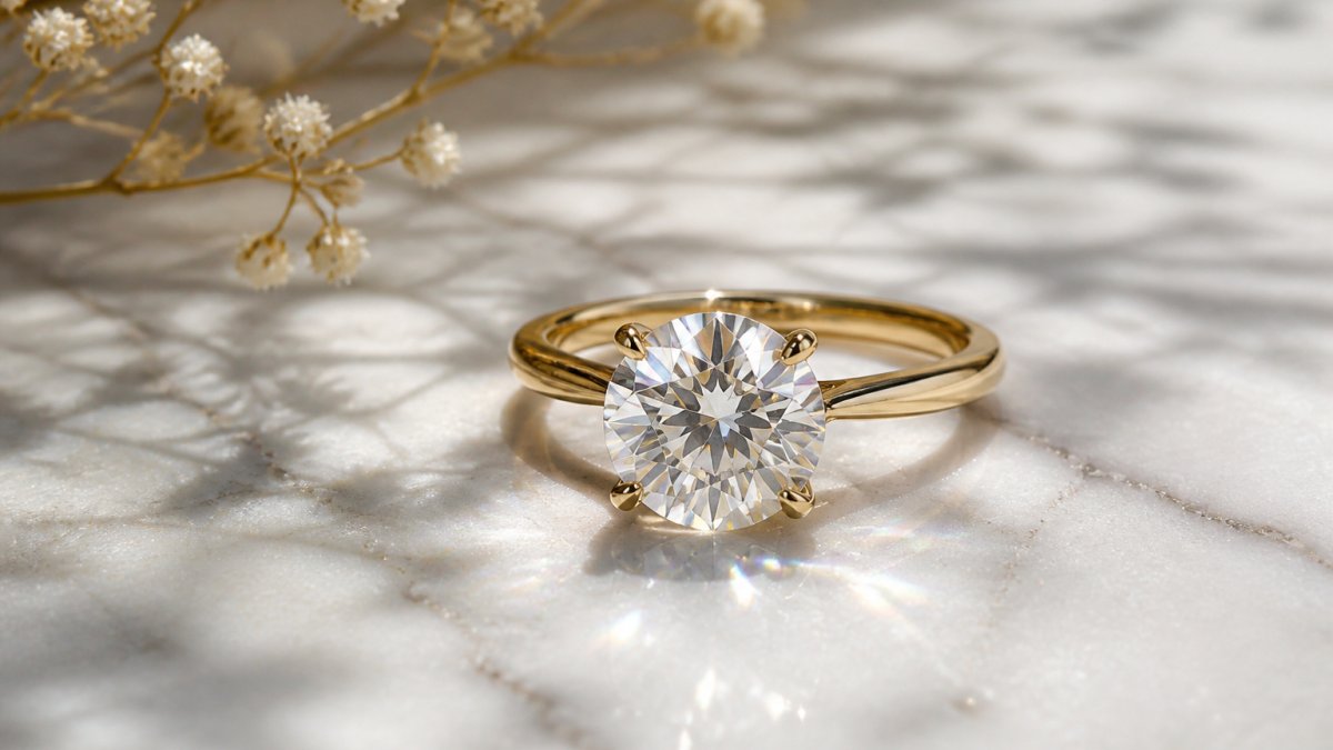 Close-up of a brilliant lab-grown diamond set in 14K yellow gold, catching natural light with visible sparkle and fire, displayed on a white marble surface