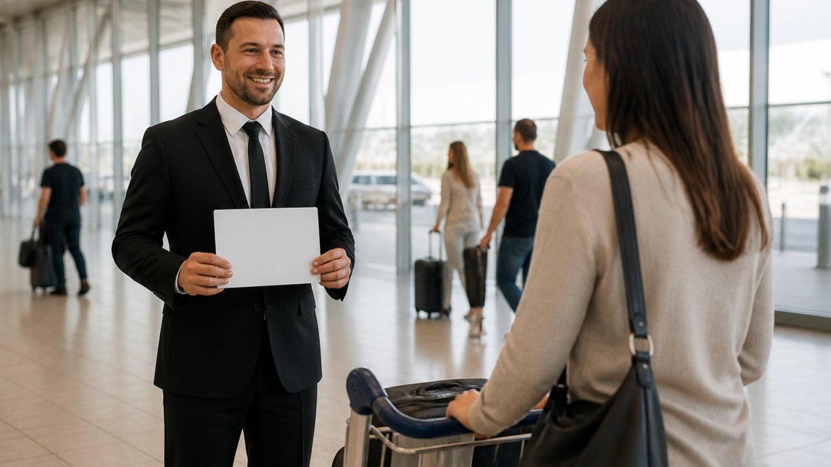 A professionally dressed chauffeur holding a name sign in a bright airport arrivals hall, greeting a traveller with a luggage trolley nearby