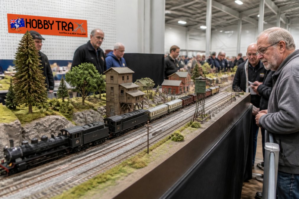 Enthusiasts viewing a detailed HO scale railway layout at a model train show featuring miniature scenery