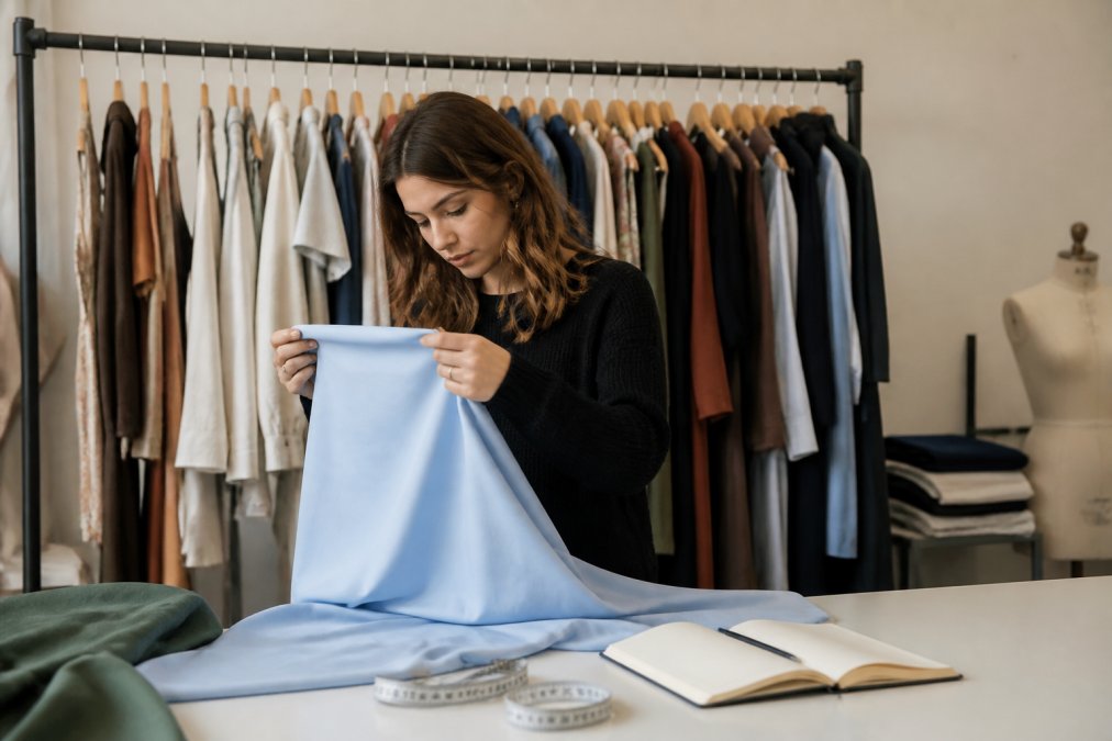 Fashion designer in a studio examining a swatch of polyester poplin fabric against a rack of finished garments, with a measuring tape and notebook on the table